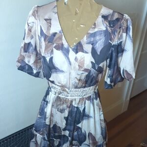 Rachel Zoe Leaf Print Midi Dress in Cream and Brown